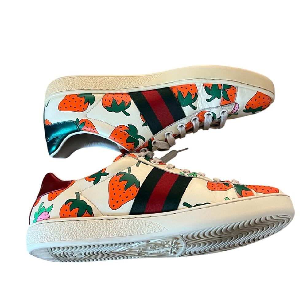 Gucci Ace Strawberry Print Leather Sneakers Low Top Web Stripe EU 37 US 7 - Picture 10 of 14